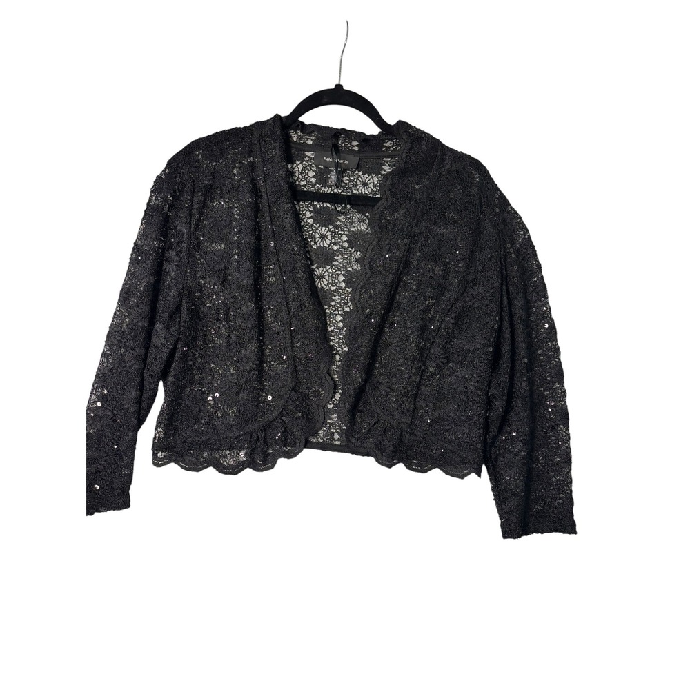 R&M Richards Black Floral Lace Sequin Bolero Shrug Jacket Cropped Cardigan L